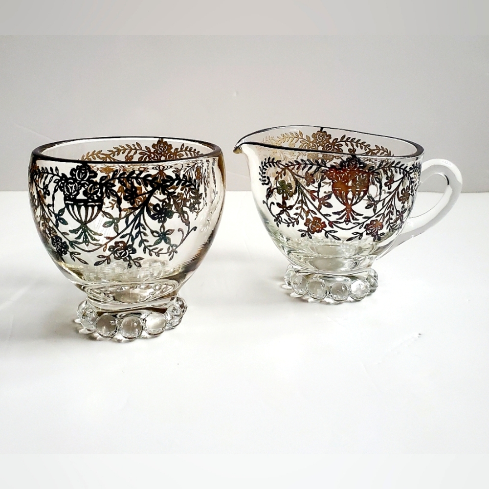 Vintage MCM Silver Floral Glass Sugar & Milk Serve ware Hollywood Regency Luxe